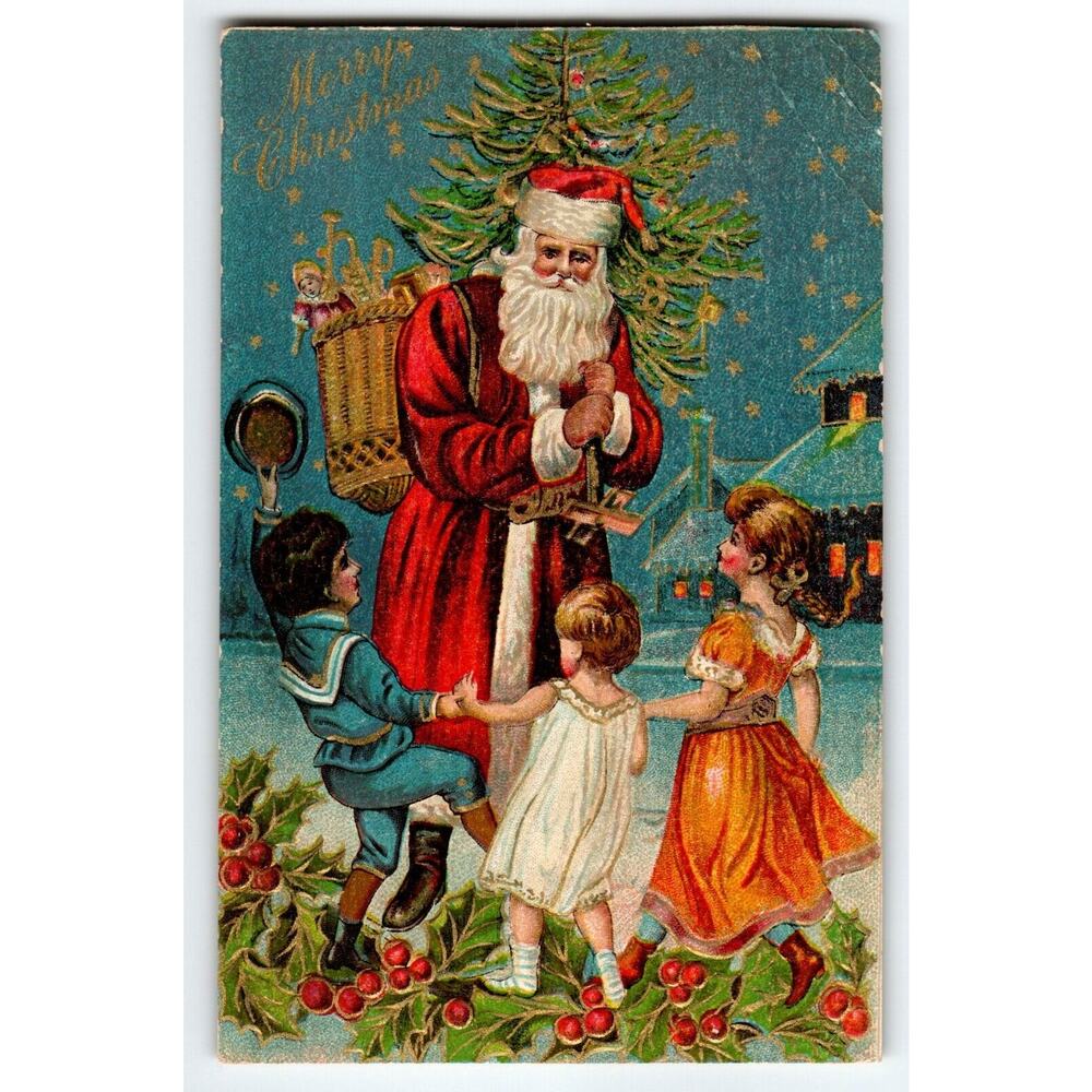 Santa Claus Christmas Postcard Saint Nick Tree Children Dancing Stars Embossed